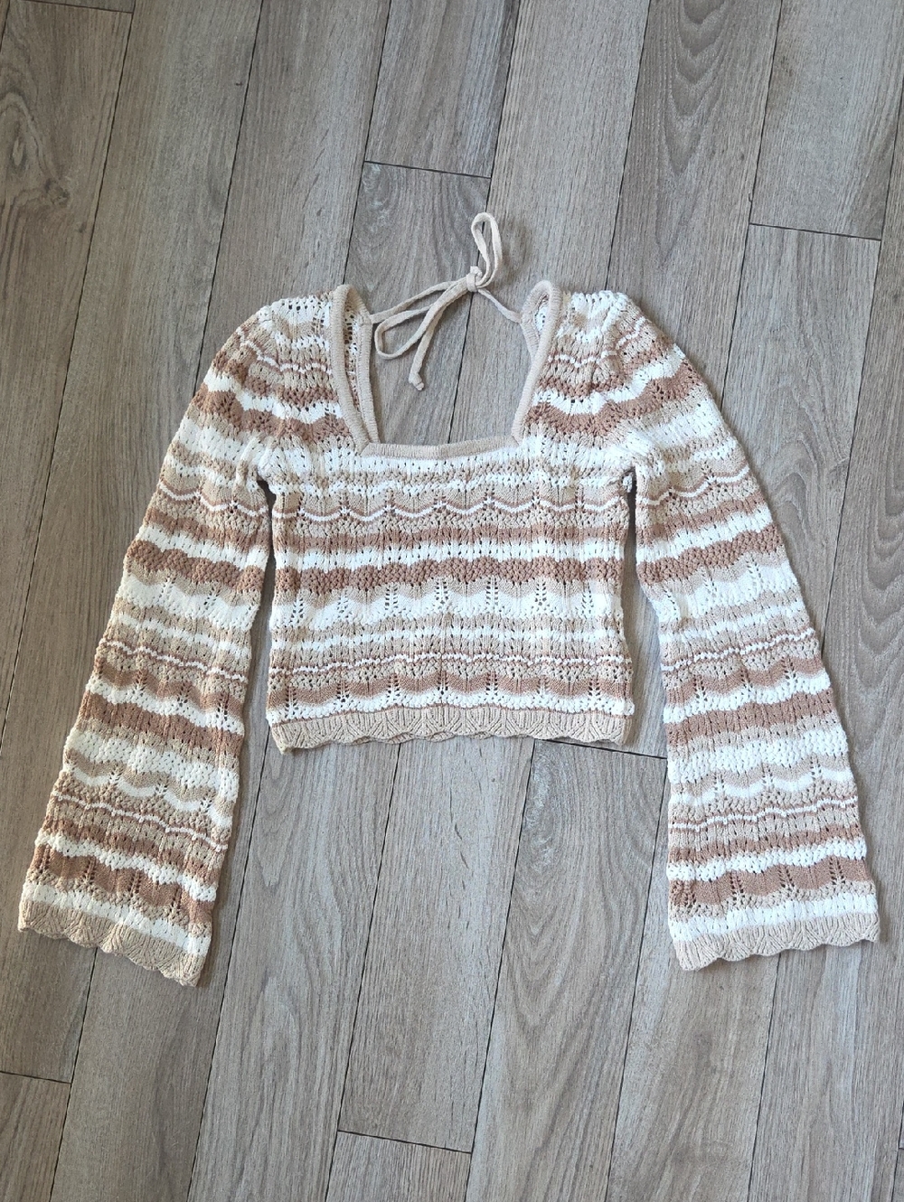 Abercrombie & Fitch Cream and Tan Striped Knit Halter Crop Top Xs Small